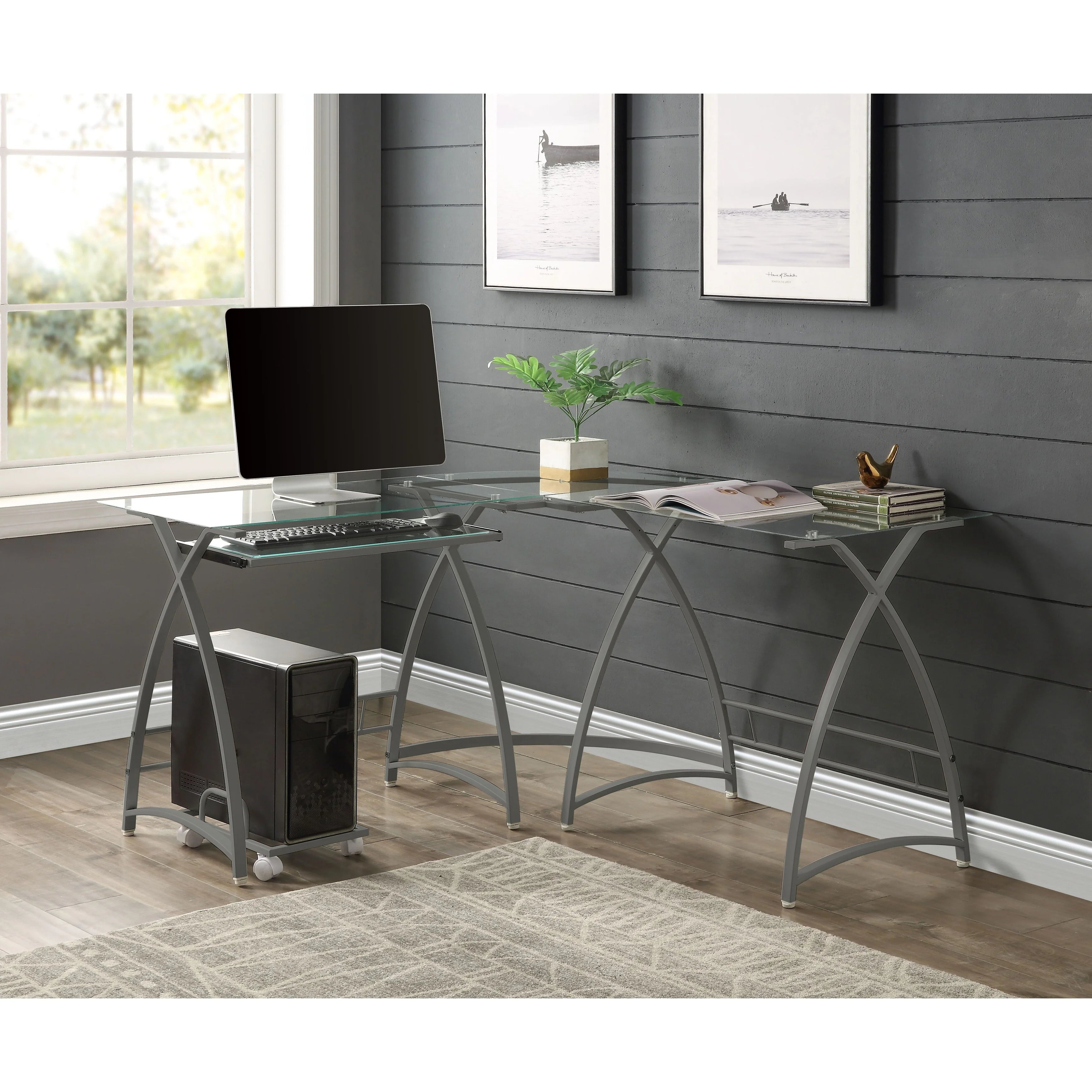 Clear Glass L-Shaped Corner Computer Desk with Keyboard Panel C68942