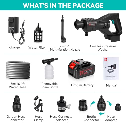 Cordless Pressure Washer 800PSI 1.5GPM 3.0Ah Battery Portable with 6-in-1 Nozzle X36915