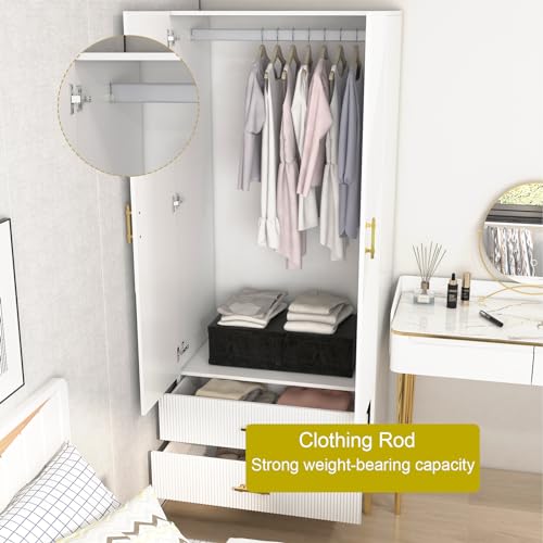 White 2 Door Freestanding Wardrobe with Two Drawers & Hanging Rod S630702