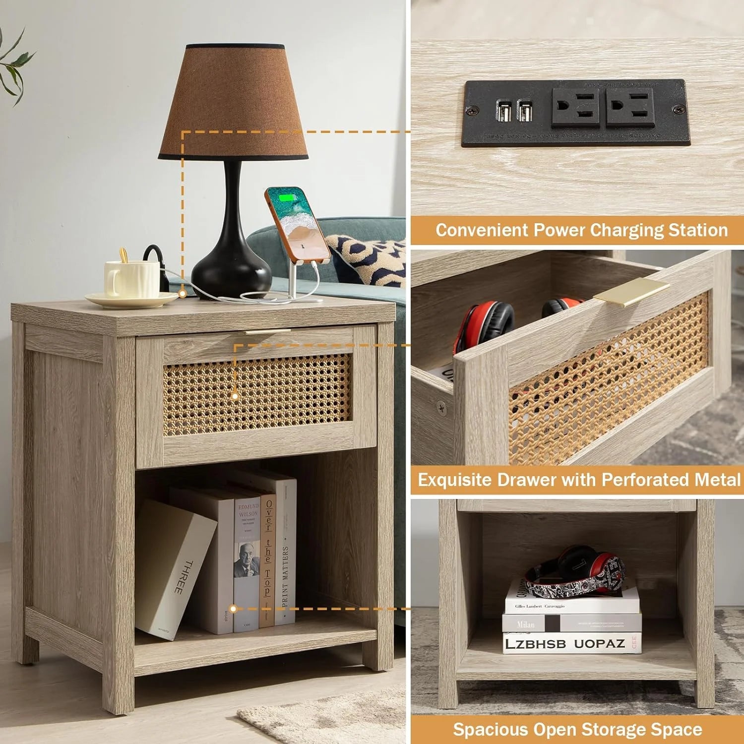 Farmhouse Nightstand with Charging Station Wood Drawer Accent Bedside Table with USB Ports Outlets End Table V5498
