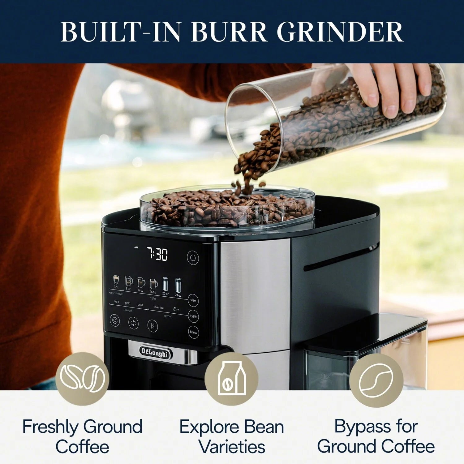 Stainless Steel Automatic Single-Serve Drip Coffee Maker with Built-In Grinder I39879