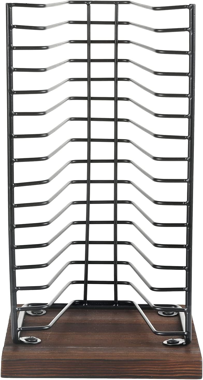 Matte Black Metal Wire Vertical CD Holder with Burnt Wood Base, Holds 15 Jewel Cases T10189