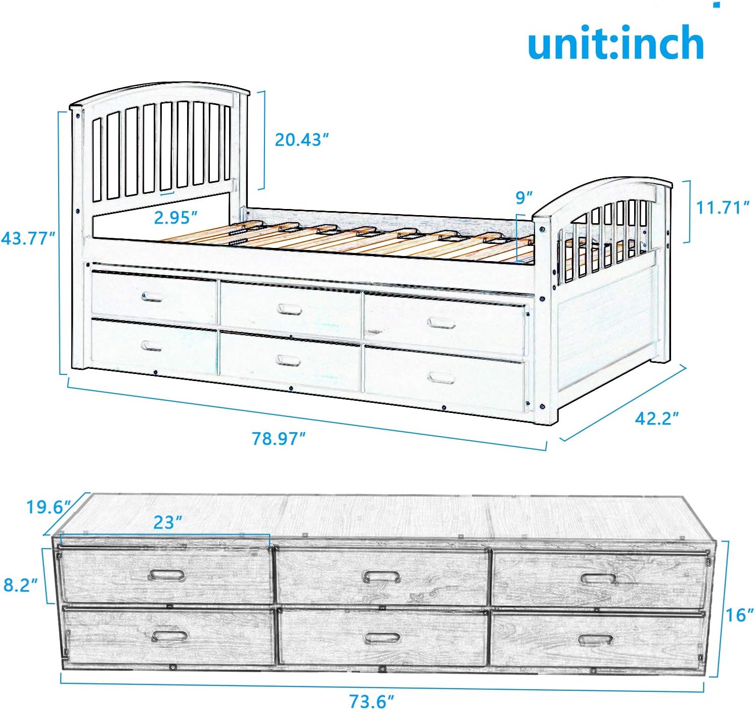 Gray Solid Wood Twin Size Platform Storage Bed with 6 Drawers A261