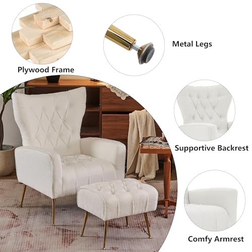 White Upholstered Boucle High Wingback Armchair with Gold Metal Legs Y66982