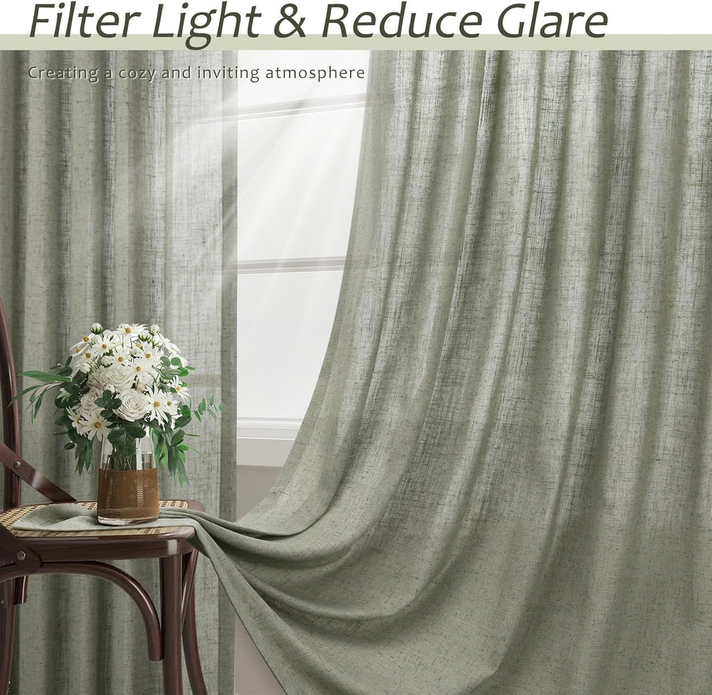 Sage Green Semi Sheer Linen Curtains 84 Inch Length 2 Panels Set Back Pocket 52x84 X56314