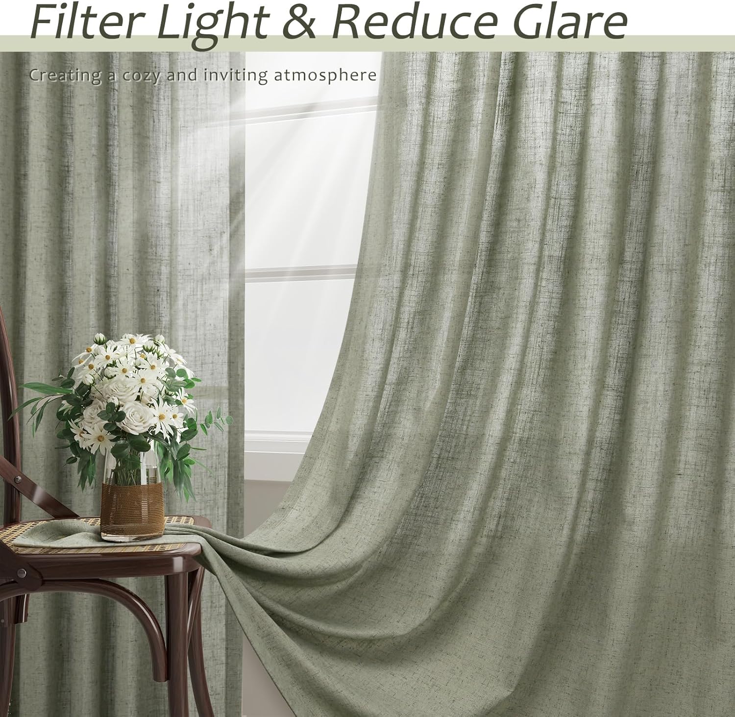 Sage Green Semi Sheer Linen Curtains 84 Inch Length 2 Panels Set Back Pocket 52x84 X56314