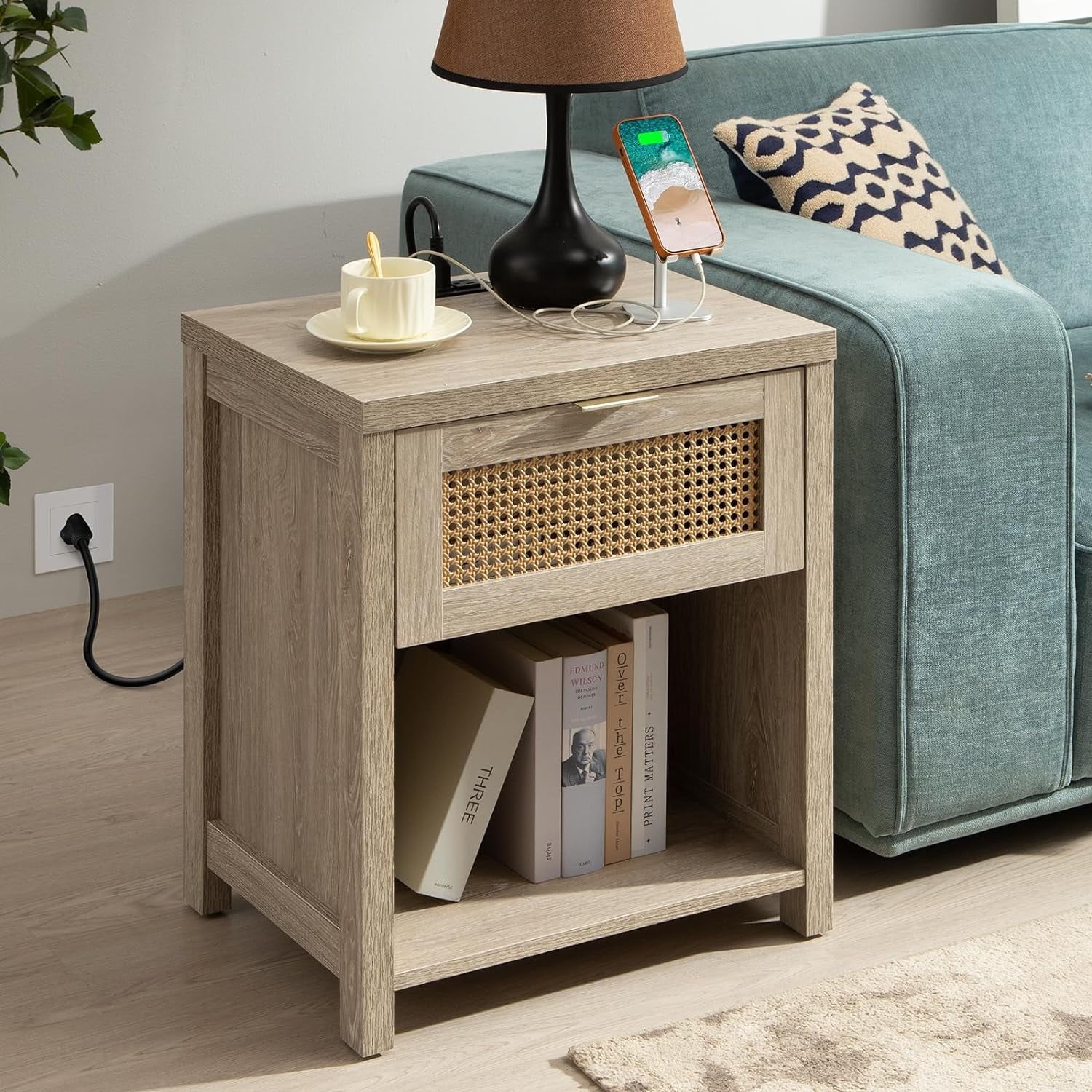 Farmhouse Nightstand with Charging Station Wood Drawer Accent Bedside Table with USB Ports Outlets End Table V5498