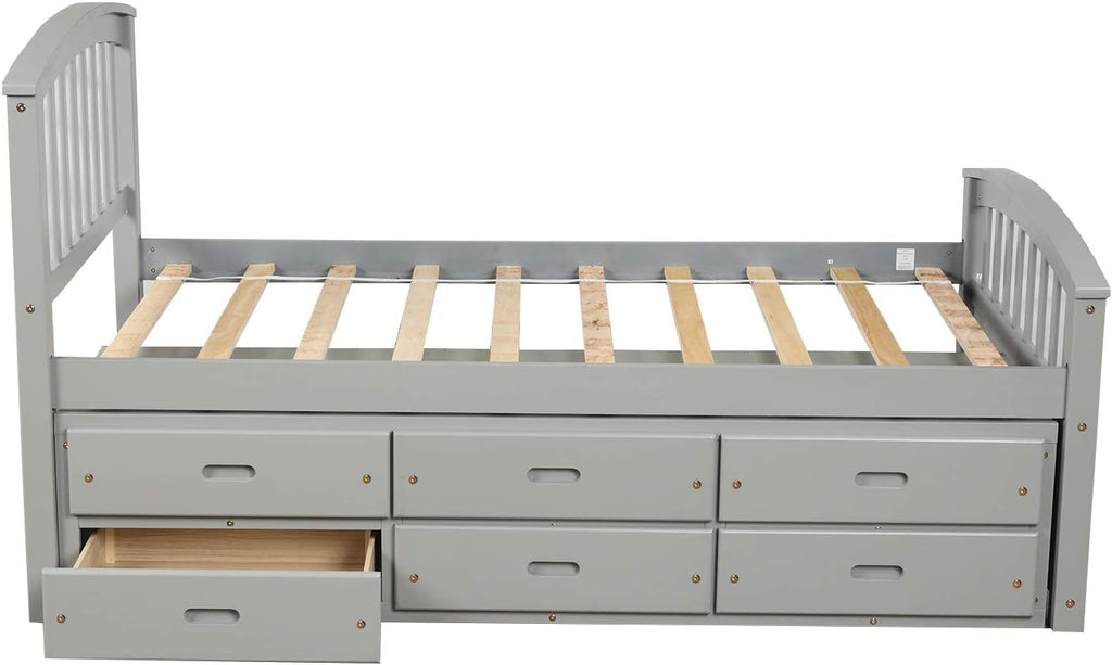 Gray Solid Wood Twin Size Platform Storage Bed with 6 Drawers A261