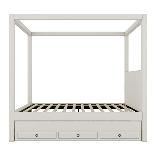 Beige Twin Size 4 Poster Canopy Bed with Upholstery Headboard, Trundle and 3 Drawers I131696