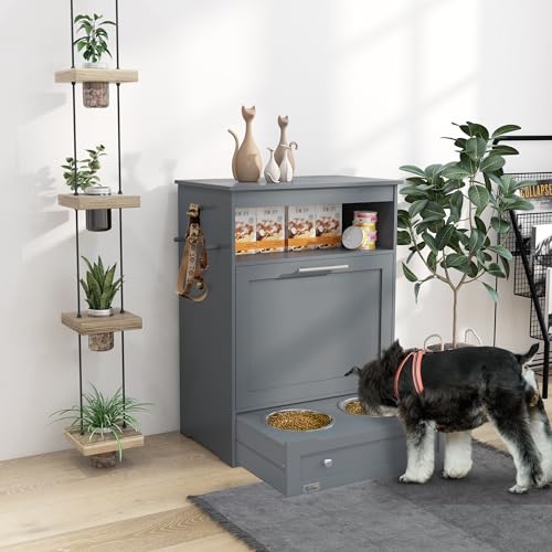 White Pet Feeder Station Storage Cabinet with Dog Raised Bowls M14826