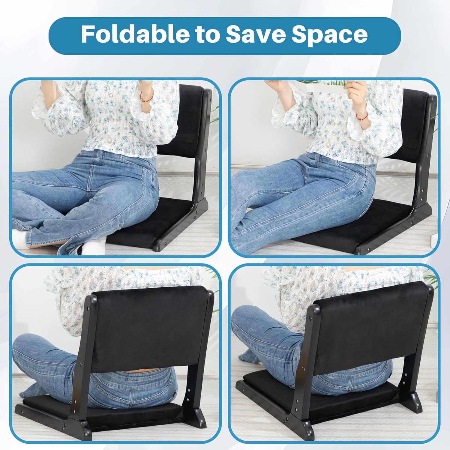 Foldable Tatami Chair with Cushion Linen Black M7403