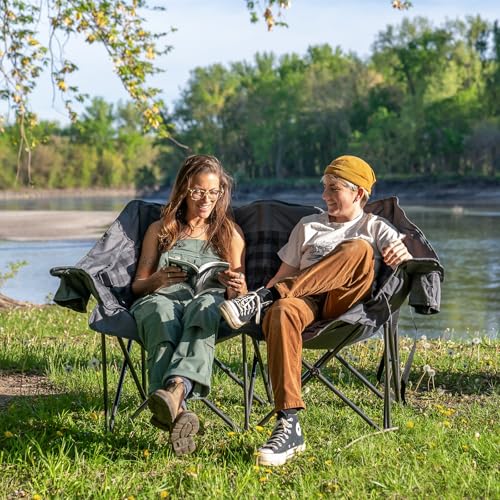 Grey Double Padded Camping Loveseat Chair with Cup Holders and Carry Bag U151647
