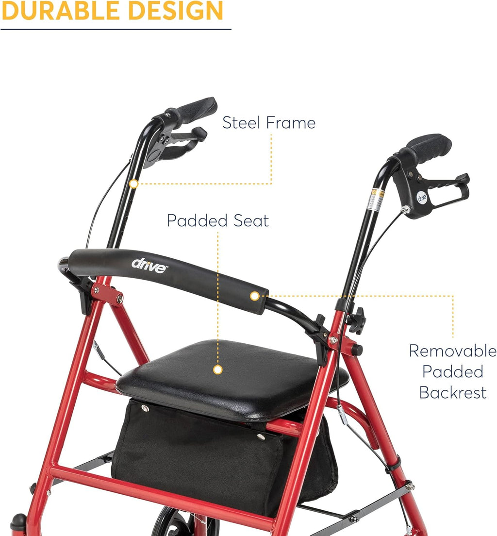 4 Wheel Rollator Walker with Seat, Steel Rolling Walker, Height Adjustable Folding Steel Bedside Commode Chair, Portable Toilet G2142