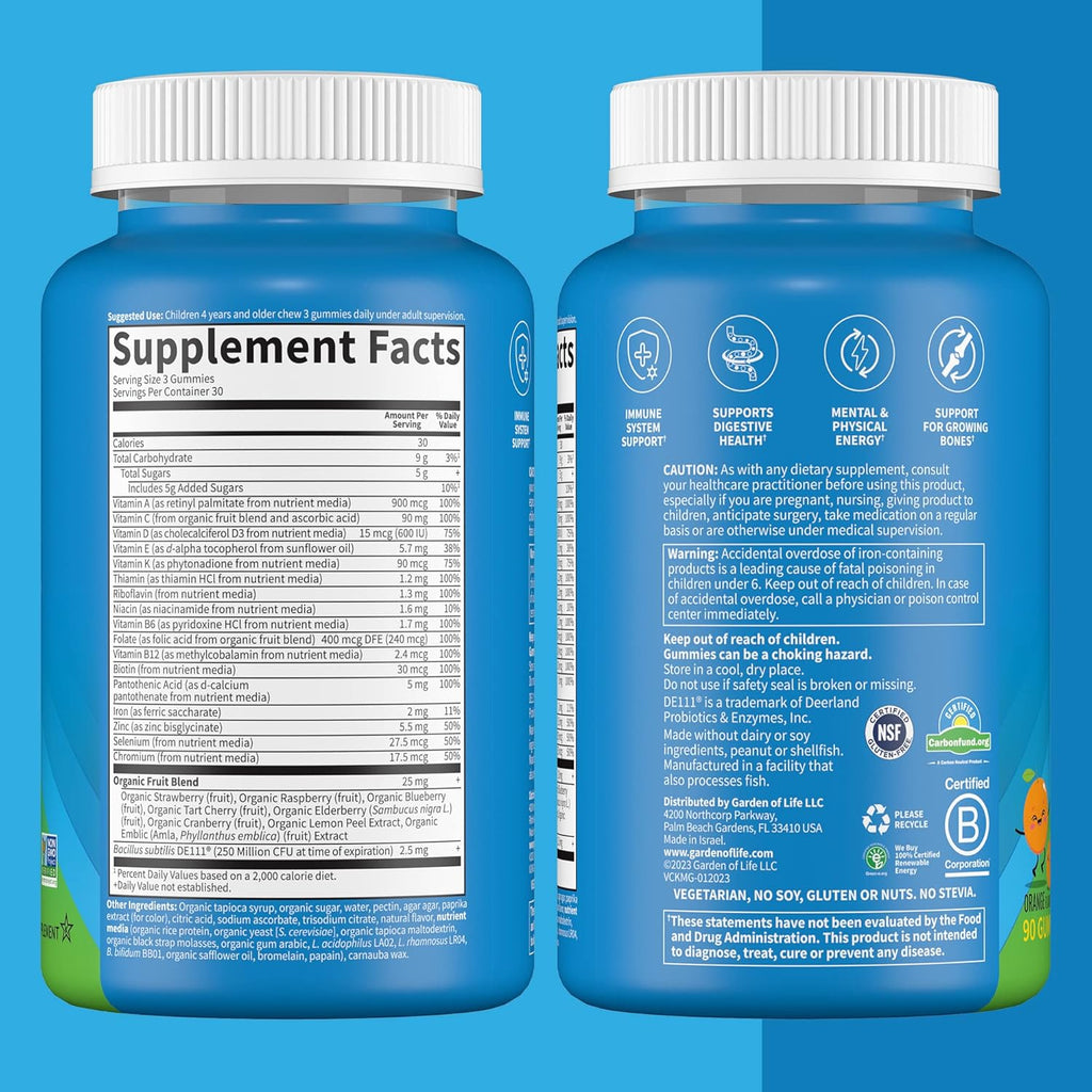Kids Multivitamin Gummy with Iron, Probiotics, Vitamins D, C, E, B, Zinc, Non-GMO, Gluten-Free, Orange, 30 Day Supply M4542