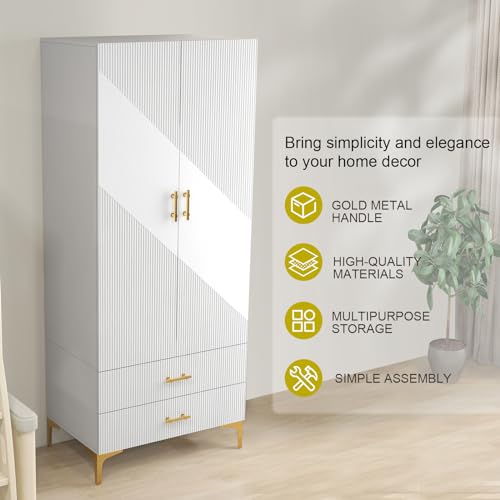 White 2 Door Freestanding Wardrobe with Two Drawers & Hanging Rod S630702