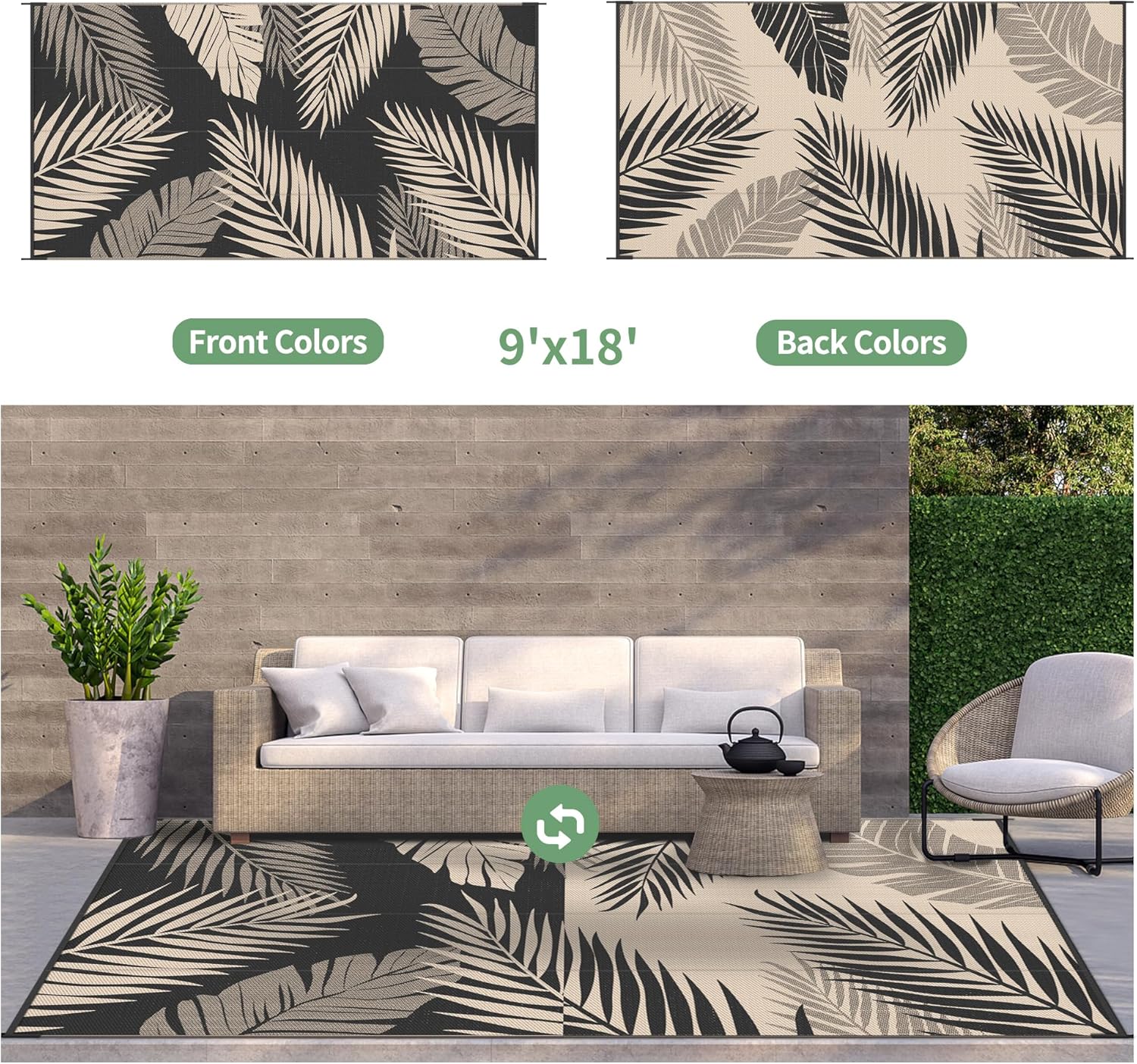 9' x 18' Waterproof Reversible Outdoor Rug Black Beige R2779