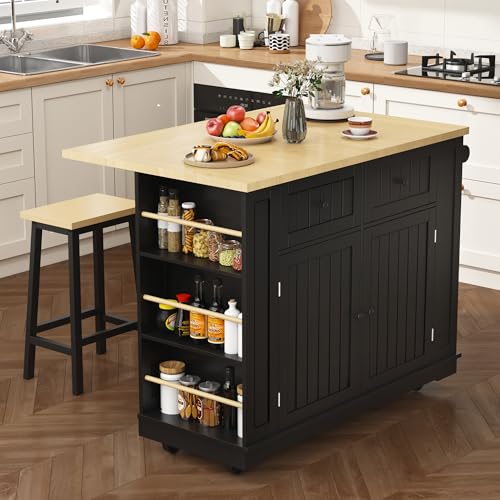 Black 48-inch Rolling Kitchen Island with Drop Leaf & Power Outlet K1369