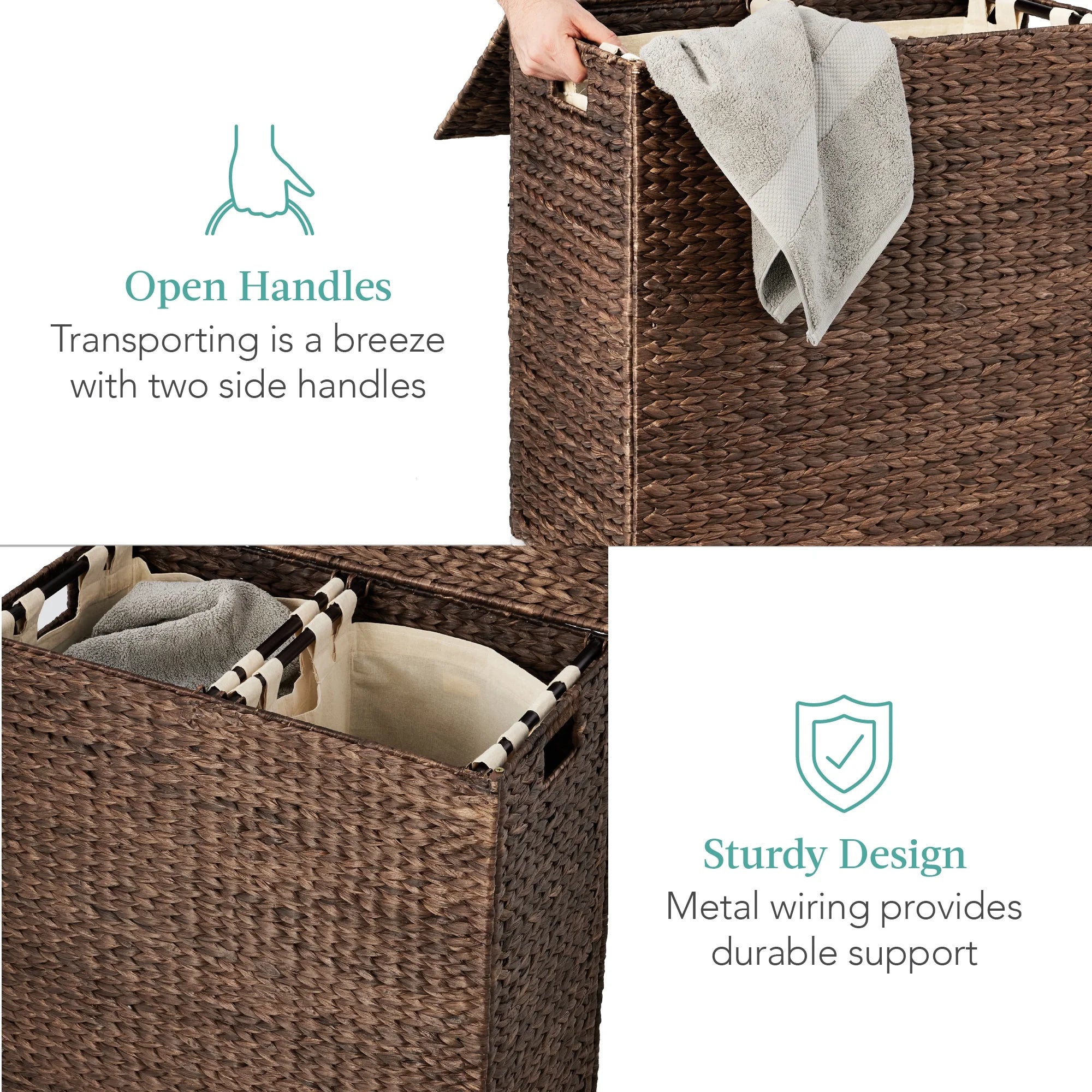 Large Natural Water Hyacinth Double Laundry Hamper Basket with 2 Liner Bags C36935
