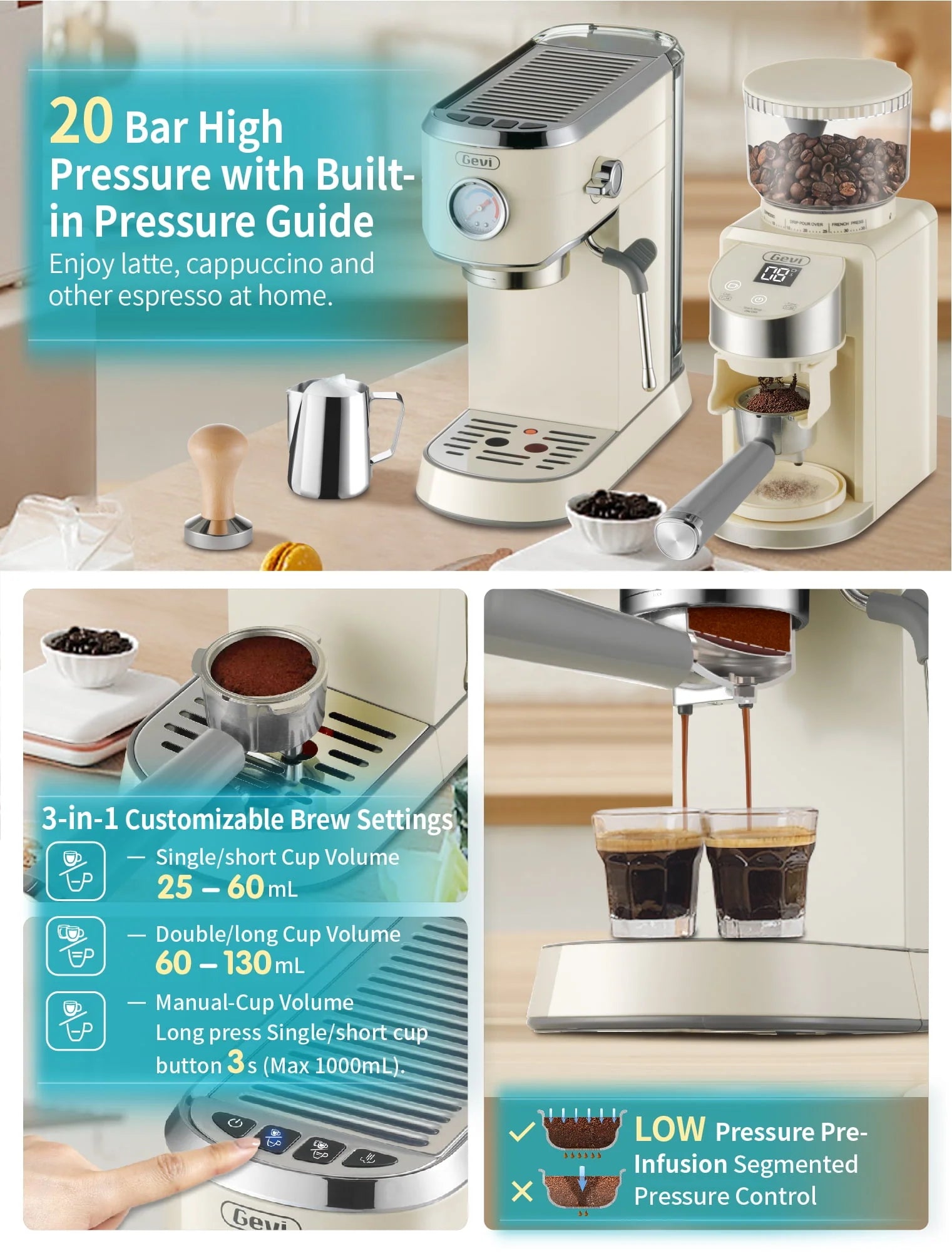 20 Bar Espresso Machine with Burr Coffee Grinder M7748