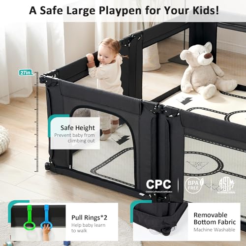 Black Adjustable Large Baby Playpen with Breathable Mesh O58538