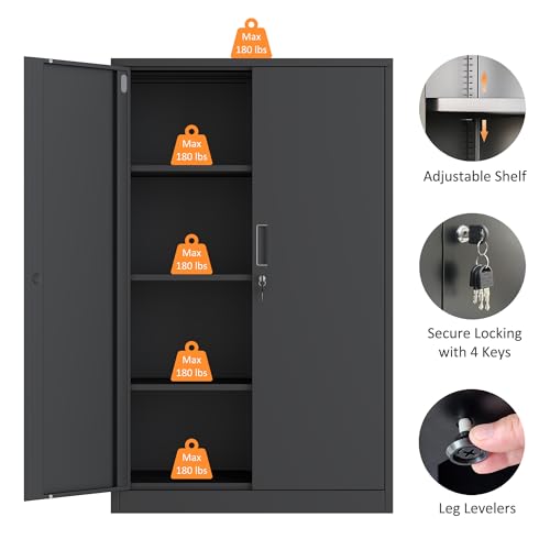 Black Metal Storage Cabinet with Locking Doors and 2 Adjustable Shelves T327