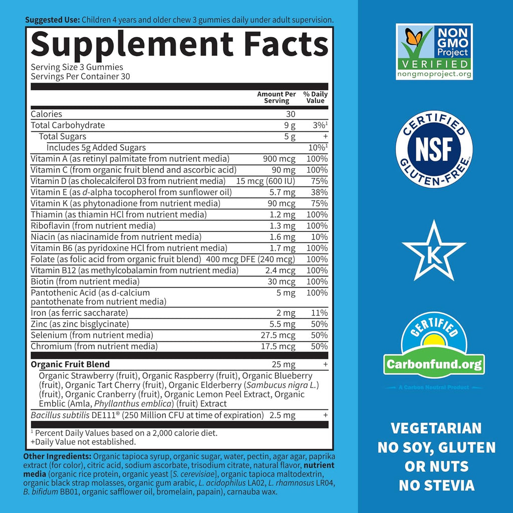Kids Multivitamin Gummy with Iron, Probiotics, Vitamins D, C, E, B, Zinc, Non-GMO, Gluten-Free, Orange, 30 Day Supply M4542