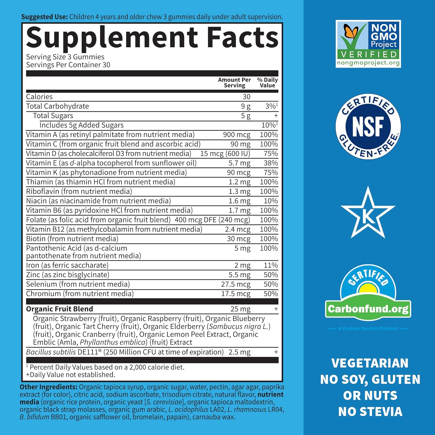 Kids Multivitamin Gummy with Iron, Probiotics, Vitamins D, C, E, B, Zinc, Non-GMO, Gluten-Free, Orange, 30 Day Supply M4542