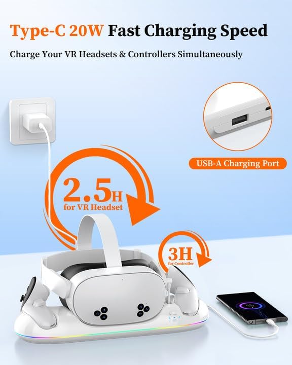 20W Magnetic Charging Station for VR Headset & Controllers with 2X2100mAh Batteries V439554