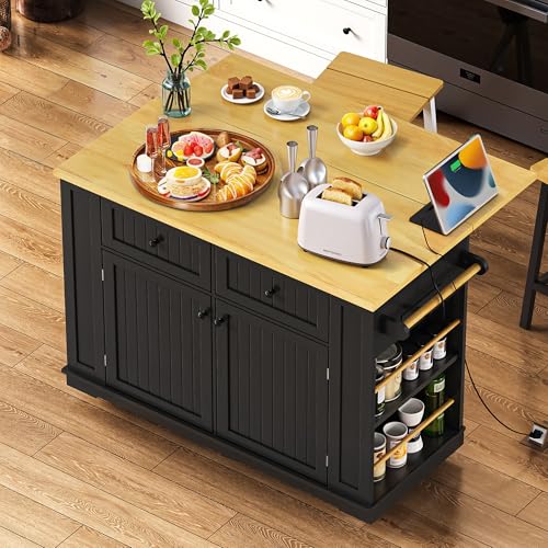 Black 48-inch Rolling Kitchen Island with Drop Leaf & Power Outlet K1369