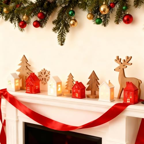 6 Pcs Ceramic LED Lighted Christmas Village Houses Green and White F2188