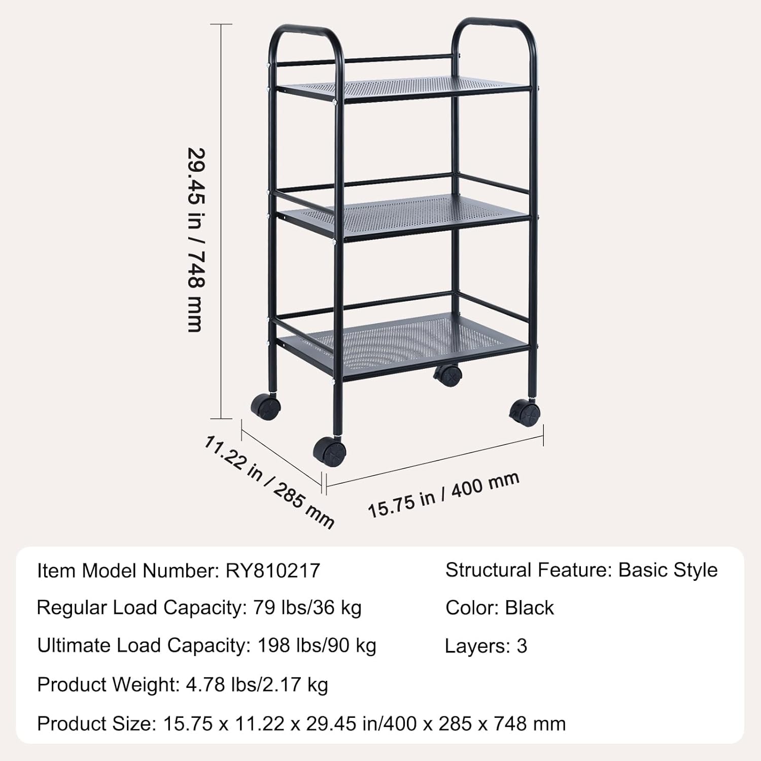 Black 3-Tier Metal Rolling Cart with Lockable Wheels A112473