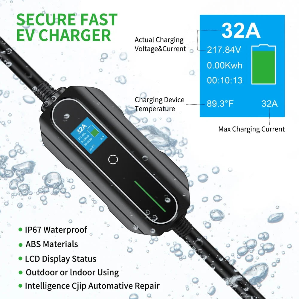 16ft J1772 Level 2 Portable 32A EV Charger Electric Car Fast Charger EVSE NEMA 14-50 Black M559043