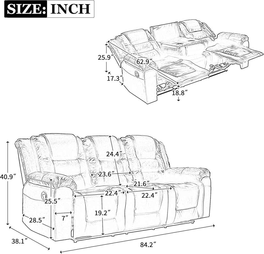 3 Seater Manual Reclining Leather Sofa with Center Console N35640