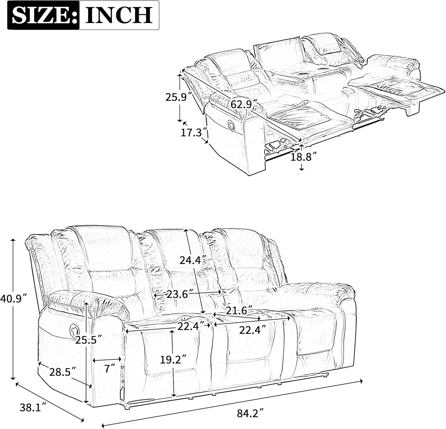 3 Seater Manual Reclining Leather Sofa with Center Console N35640