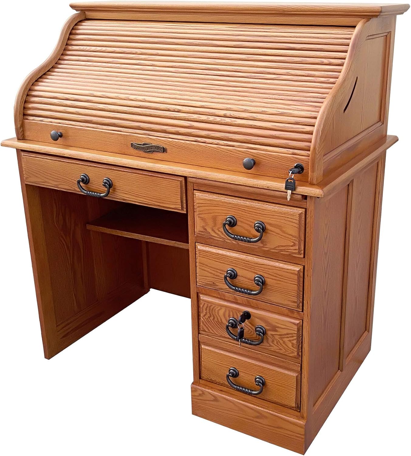 Solid Oak Wood Roll Top Desk with Locking File Drawers F5786