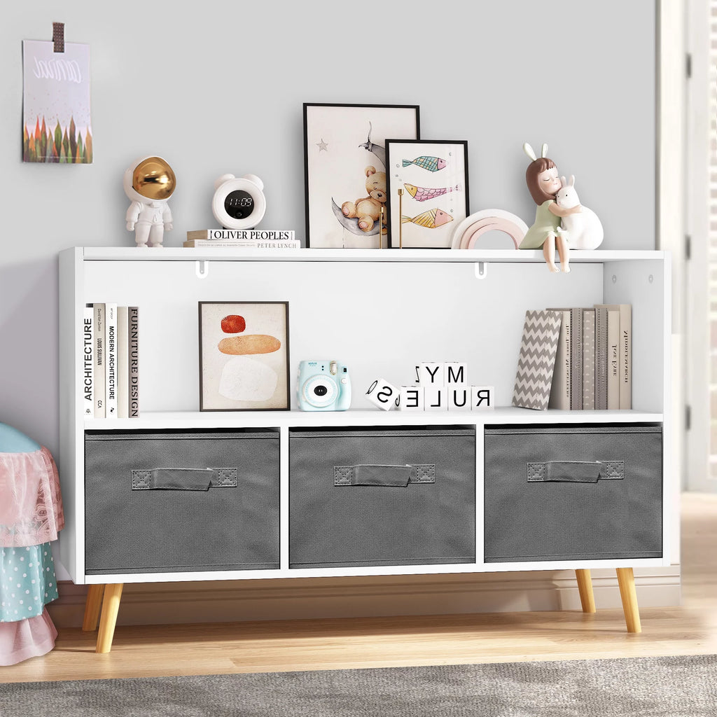 White Kid's Toy Storage Cabinet with Collapsible Fabric Drawers E48337