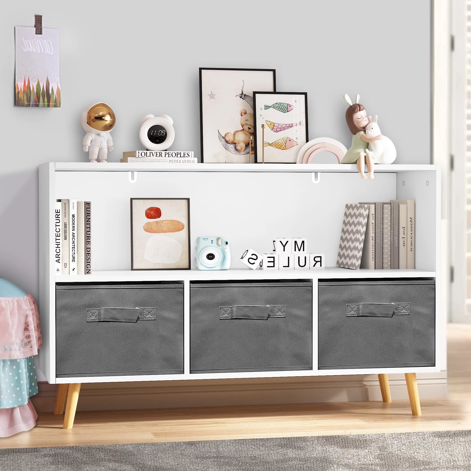 White Kid's Toy Storage Cabinet with Collapsible Fabric Drawers E48337