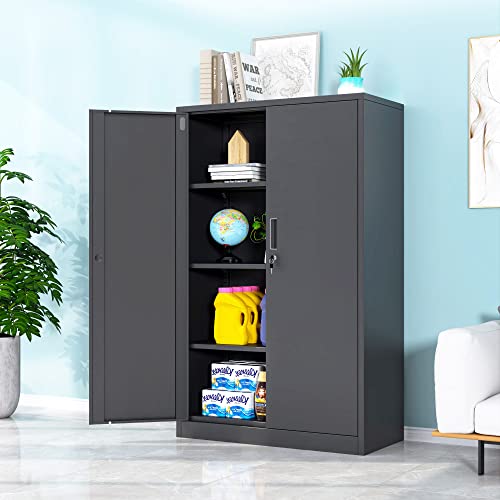 Black Metal Storage Cabinet with Locking Doors and 2 Adjustable Shelves T327