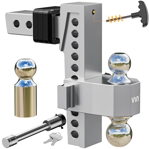 Adjustable Drop Hitch, Tri-Ball (1-7/8'', 2'', 2-5/16''), Fits 2-Inch Receiver, 8 Inch Drop, 15000 LBS GTW, Heavy Duty Solid Ball Mount, Silver R596