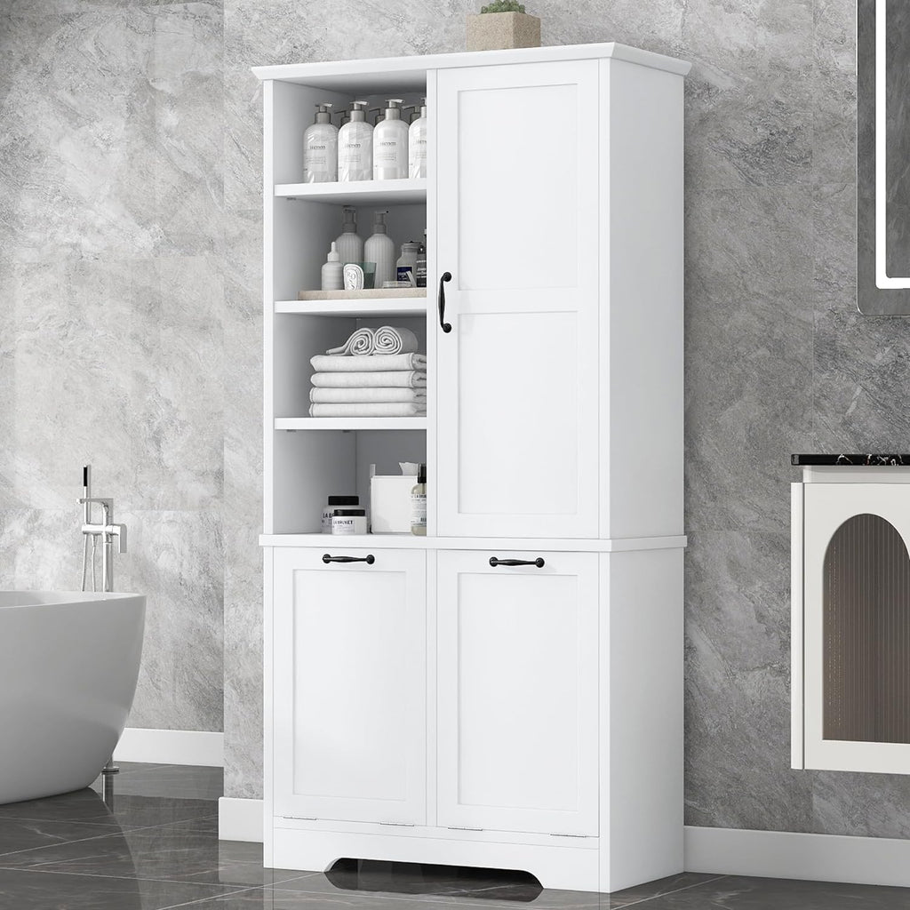 White Tall Bathroom Storage Cabinet with Laundry Hamper G1606
