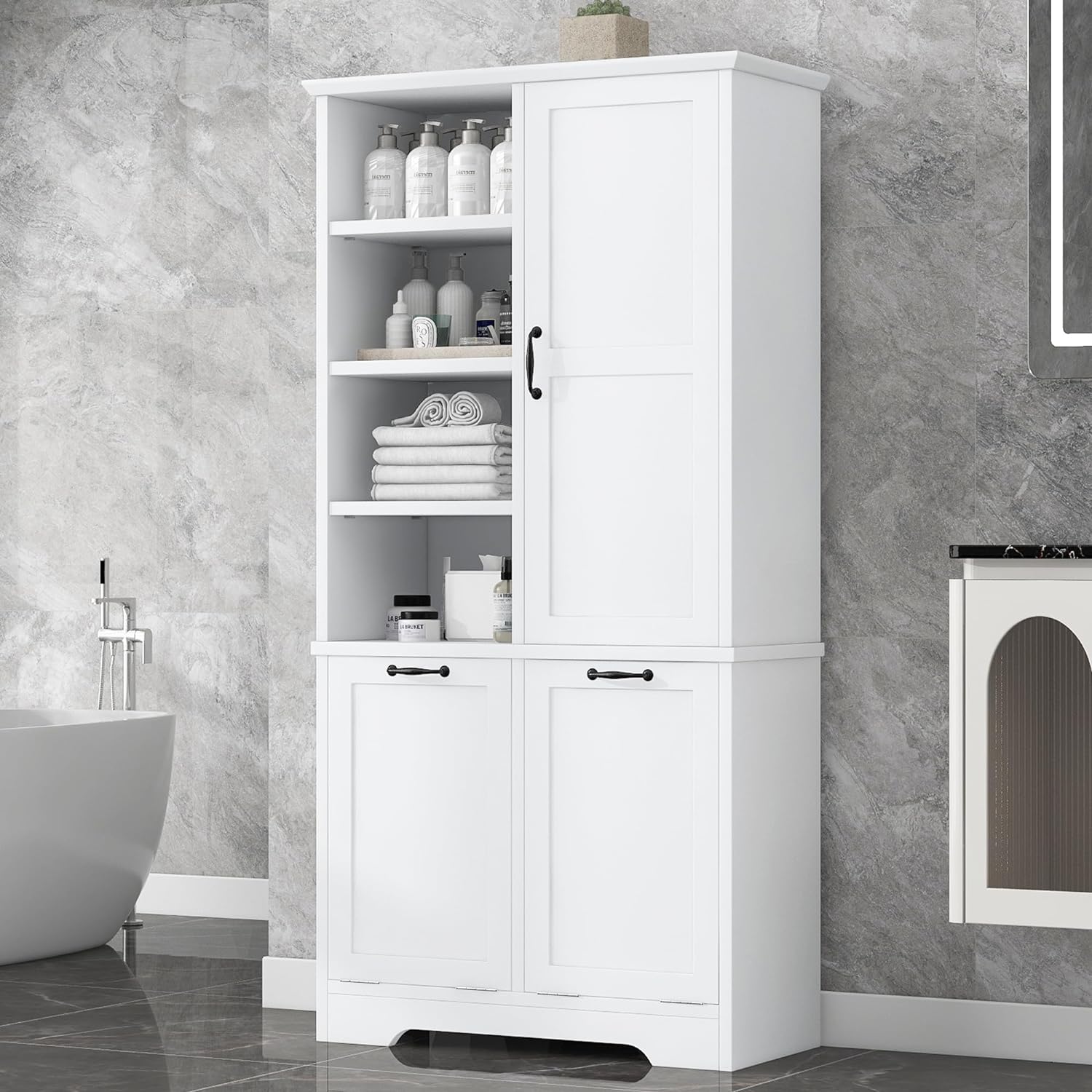 White Tall Bathroom Storage Cabinet with Laundry Hamper G1606