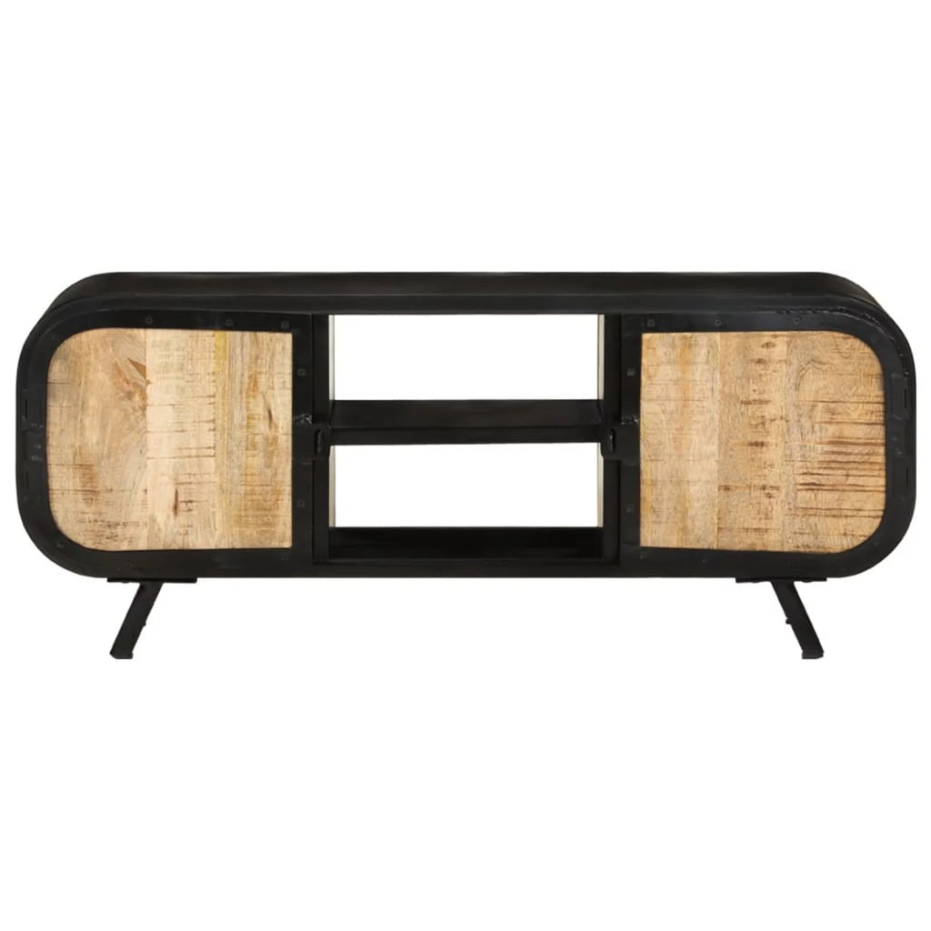 TV Stand with 2 Compartments and 2 Storage Shelves Rough Mango Wood Iron Legs E657