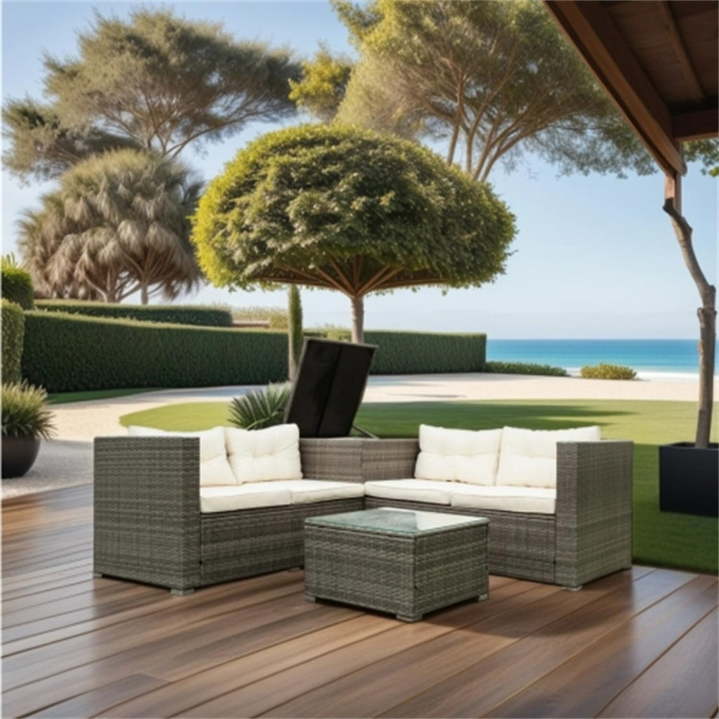 Grey Wicker Rattan Patio Sectional Sofa Set with Storage Box Y181