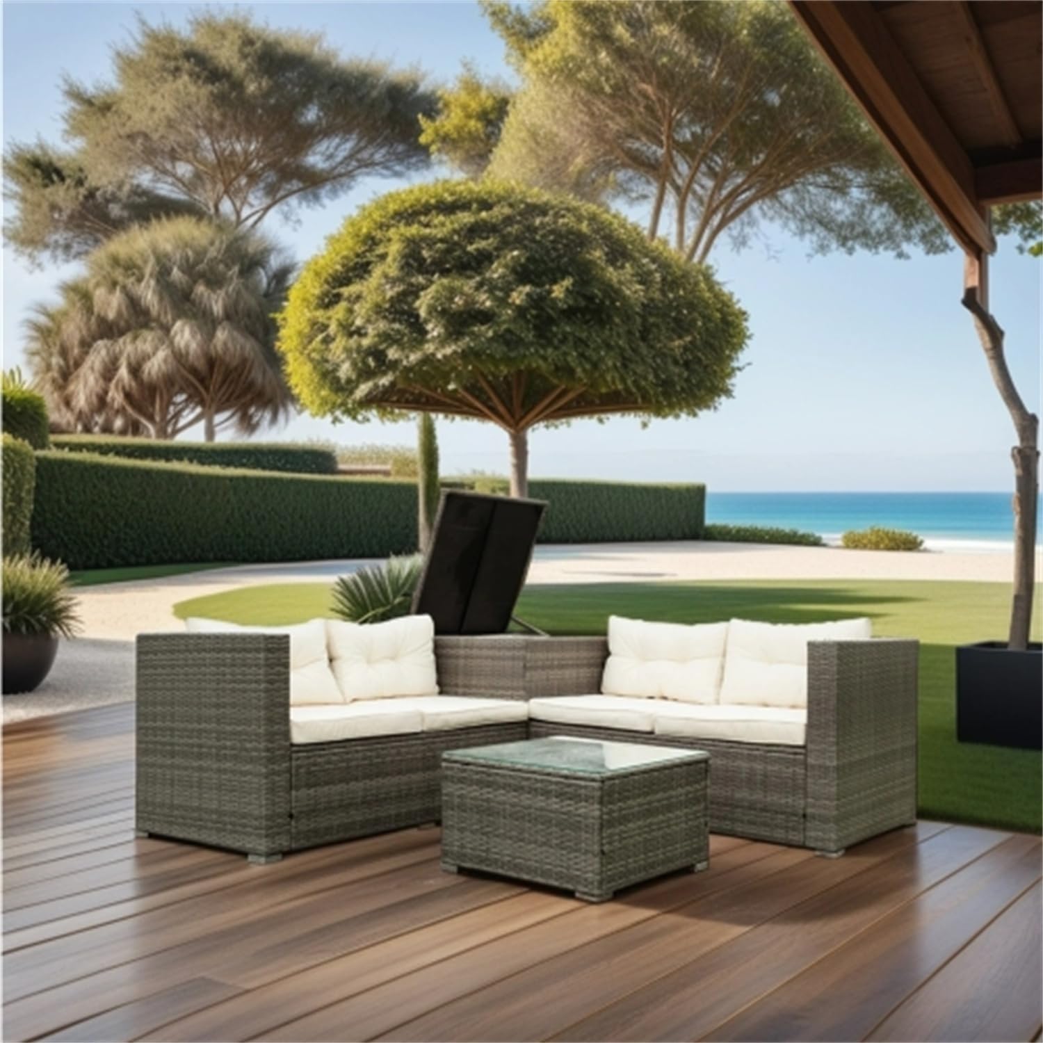 Grey Wicker Rattan Patio Sectional Sofa Set with Storage Box Y181