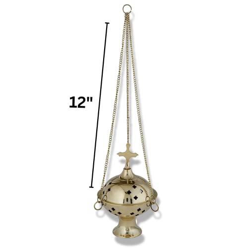 Brass Hanging Censer Incense Burner with Cross, 12 Inch Chain G701692