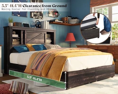 Grey King Bed Frame with Storage Drawers and Bookcase Headboard T8688