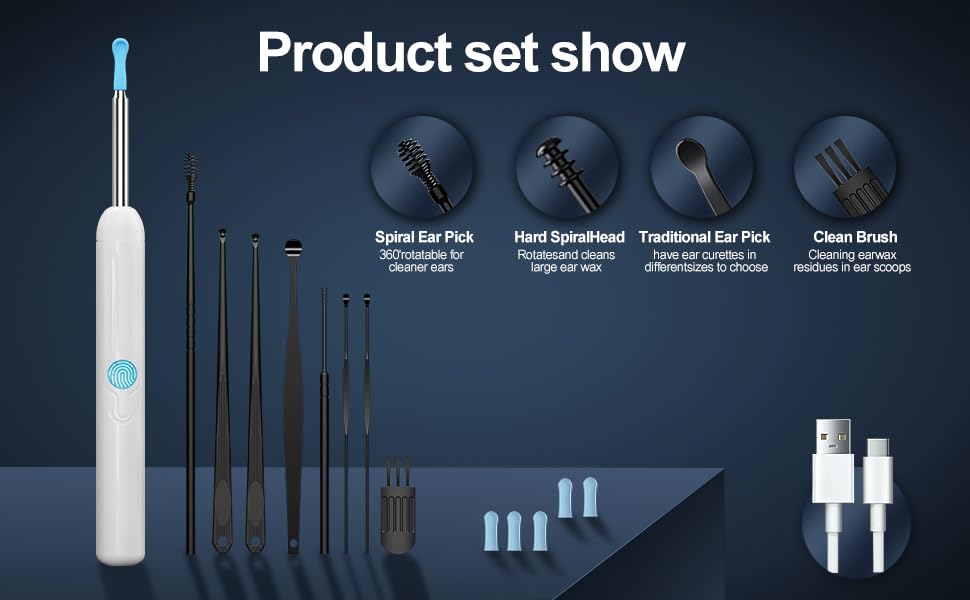 Black Wireless Ear Otoscope with Camera and 8 Pcs Ear Set T4977