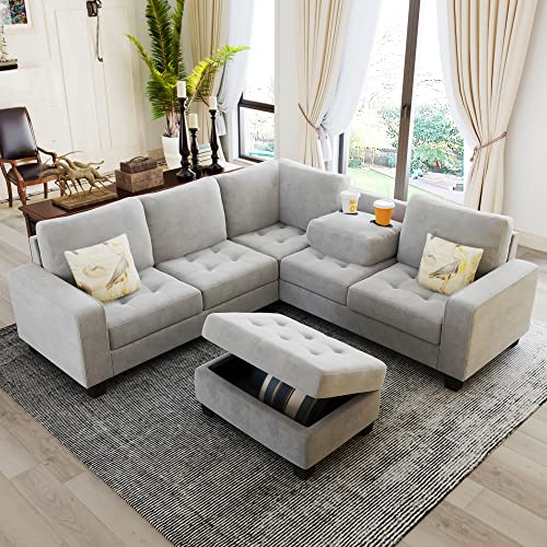 Light Grey L-Shape Sectional Sofa with Storage Ottoman E620530