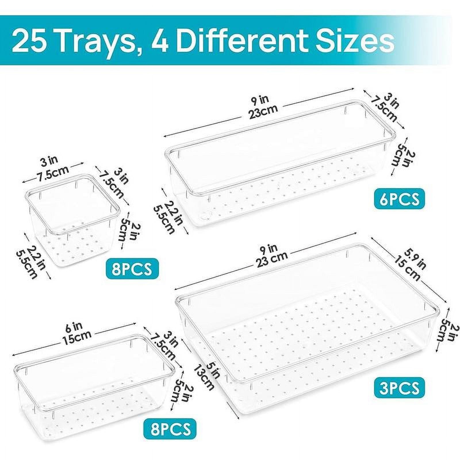 25 Count Clear Plastic Drawer Organizers Set, 4-Size Storage Bins G761