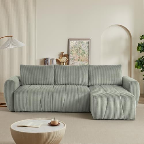 Modular Sectional Sleeper Sofa with Storage, Convertible 3 Seat L Shape Couch with Reversible Chaise, Corduroy Sleeper Couch with Pullout Bed (Light Grey) P44013